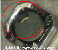 使用錫(Sn)鍍層的電源電感器(Power Inductors)，經(jīng)過(guò)推力測(cè)試后，其焊點(diǎn)還保留在零件的端點(diǎn)上，所以推力比較高。