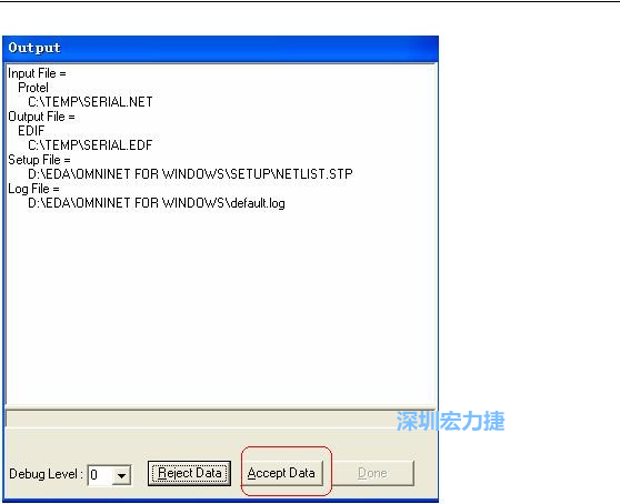 系統彈出一個輸出窗口，點擊 Accept Data。完成后點擊“確定”，再點擊“Done”關閉輸出窗口。退出 Omninet for Windows。