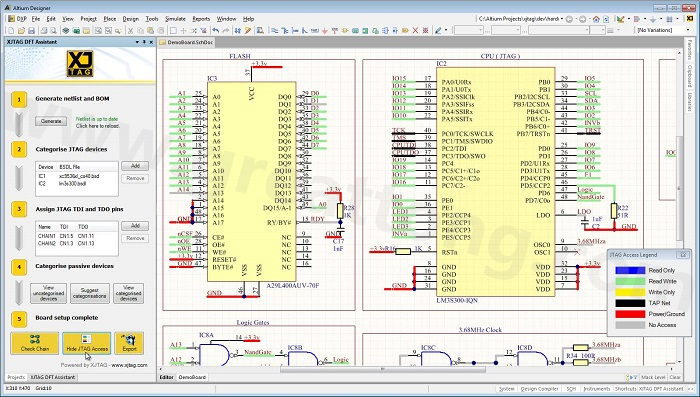 XJTAG DFT Assistant的Access Viewer模式可以清楚地顯示可用的測試存取層級，讓電路板設計人員在展開PCB布局以前的原理圖擷取階段盡可能地提高測試存取能力