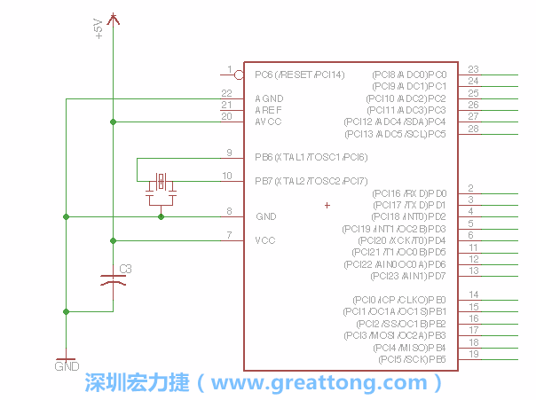 3.2.    在靠近ATmega的電源供應針腳7的位置放置一個0.1μF的電容，將它分別連接電源、接地端和針腳7。